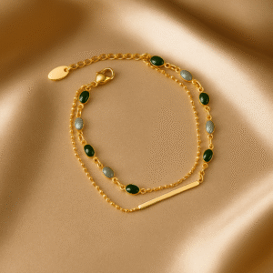 Green Oil Dropping Double Layer Bracelet for Women Simple Gold Color Beaded Chain Adjustable Charm Vintage Bracelet