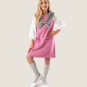 Girls Pink & White Dress with Plush Collar and Bow Detail