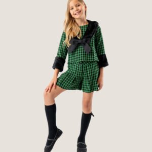 Girls Green & Black Houndstooth Set with Plush Trim