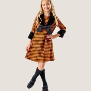 Girls Orange & Black Checkered Dress with Plush Trim