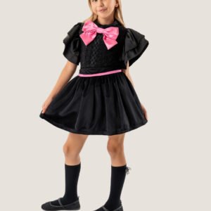 Girls Black Party Dress with Pink Satin Bow and Ruffle Sleeves