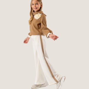 Girls Camel Brown Top with Flower Detail & White Wide-Leg Pants Set