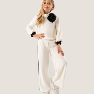Girls White Top with Black Flower Detail & Wide-Leg Pants Set