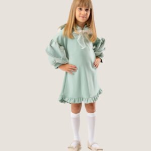 Mint Green Bow Dress with Ruffle Hem & Mesh Puff Sleeves