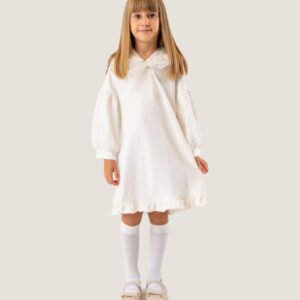 White Bow Dress with Mesh Puff Sleeves & Ruffle Hem