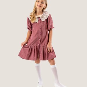 Girls Maroon Button-Down Dress with Lace Collar & Flared Hem