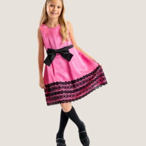 Girls Pink Party Dress with Black Bow and Lace Hem