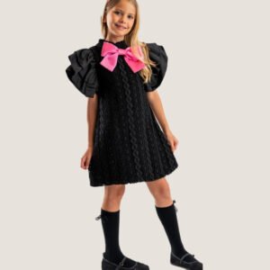 Girls Black Lace Dress with Puff Sleeves and Pink Satin Bow