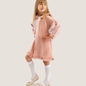 Blush Pink Bow Dress with Mesh Puff Sleeves & Ruffle Hem