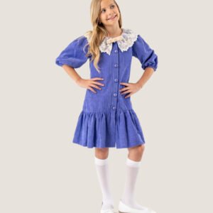 Girls Blue Button-Down Dress with Lace Collar & Flared Hem