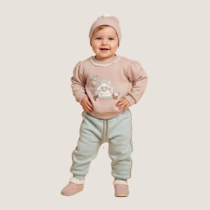 Baby Pink & Blue Knitted Outfit Set with Hat