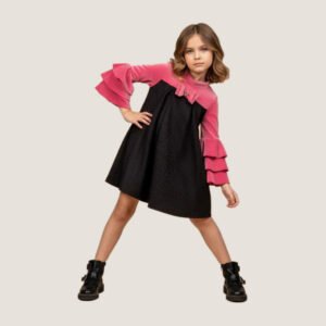 Girls Black & Pink Contrast Dress with Tiered Sleeves