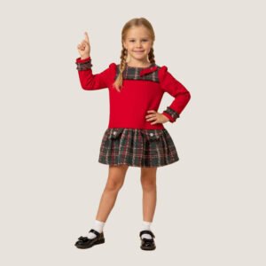 Girls Red Plaid Trim Long-Sleeve Dress