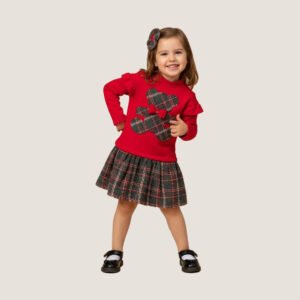 Girls Red Plaid Teddy Dress with Skirt