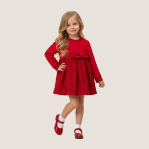 Girls Red Long-Sleeve Bow Dress