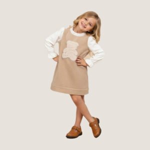 Girls Beige Teddy Bear Appliqué Dress