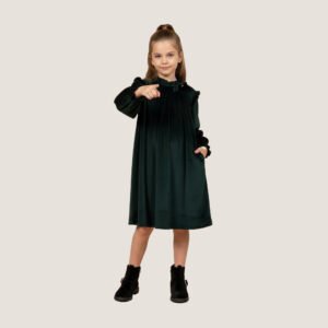 Girls Dark Green Velvet Long-Sleeve Dress