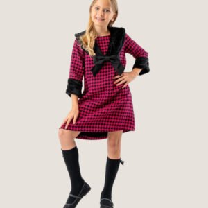 Girls Pink & Black Checkered Dress with Plush Trim