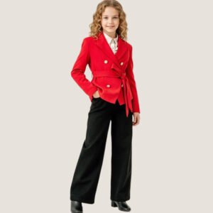 Girls’ Red Belted Blazer with Black Wide-Leg Pants Set