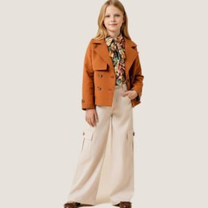 Girls’ Rust Double-Breasted Jacket with Cream Cargo Pants Set