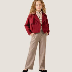Girls’ Burgundy Cropped Jacket & Beige Wide-Leg Pants Set