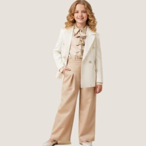 Girls’ White Blazer with Beige Wide-Leg Pants Set
