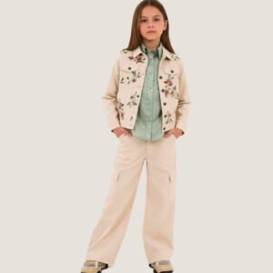 Girls’ Embroidered Cream Jacket & Beige Cargo Pants Set