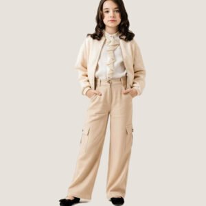 Girls’ Elegant Beige Jacket & Wide-Leg Pants Set